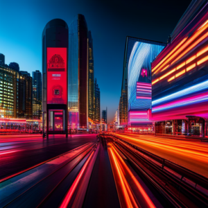 A city at night illuminated by QR codes.