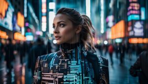 A woman is standing in a city at night, scanning QR codes.