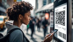 A woman scanning a qr code on a street sign.