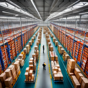 The inside of a warehouse with qr codes on the floor.