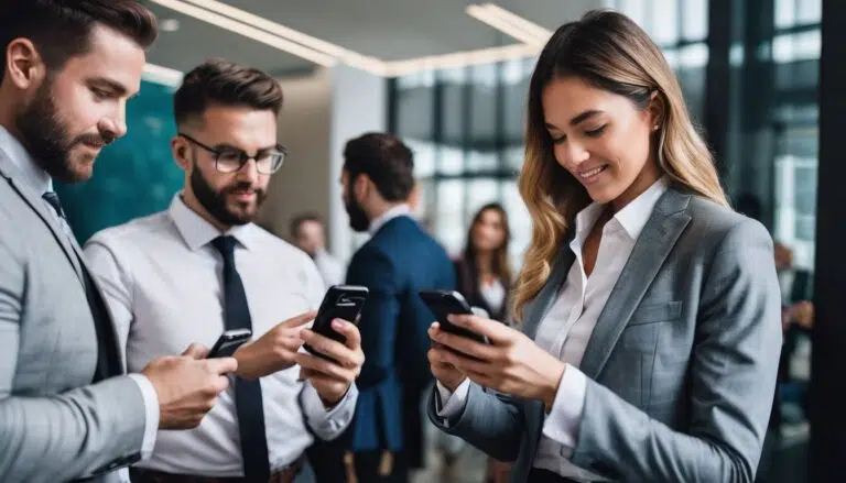 A group of business people looking at their cell phones and scanning QR codes.