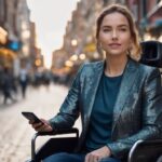 A woman in a wheelchair utilizing accessibility features on her cell phone.