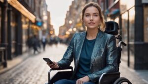 A woman in a wheelchair utilizing accessibility features on her cell phone.