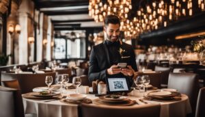 A waiter employing QR codes on a tablet for efficient food delivery and accessing restaurant menus.