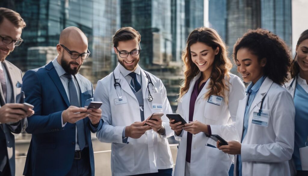 A group of doctors engaging with patients through QR codes on their phones.