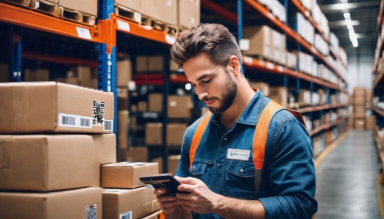 A warehouse worker enhancing efficiency by scanning QR codes on his phone in a warehouse.