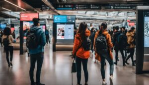 A crowd navigating a train station using QR codes for ticketing and accessing schedules.