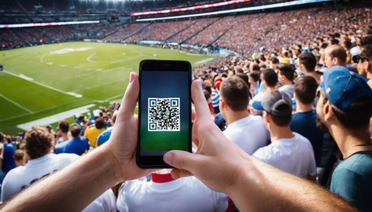 A person is capturing a QR code in a stadium to enhance fan engagement.