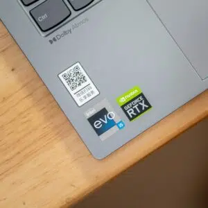 A laptop featuring a QR code sticker.