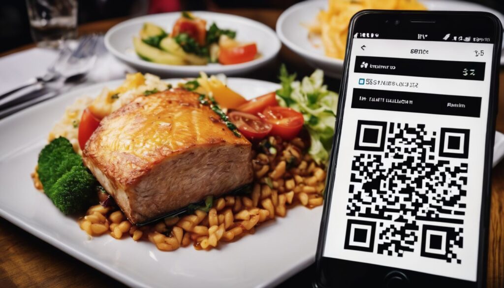 A smartphone is showcasing a QR code on a plate of delectable food, inviting guests to provide their feedback and share restaurant reviews.