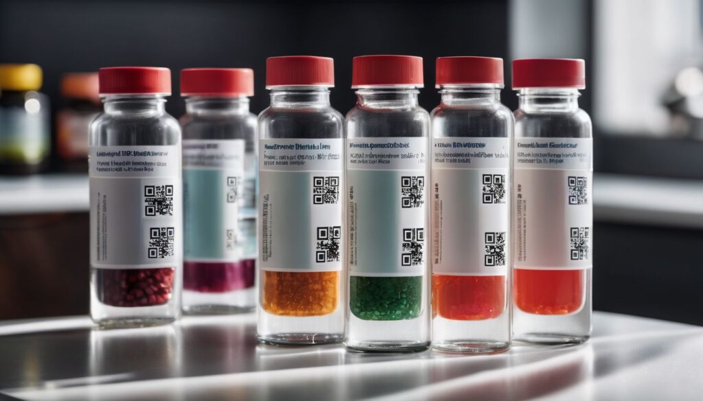 A group of bottles with different colored liquids in them, used for medication management in healthcare.